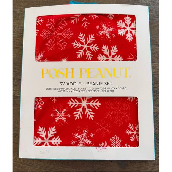 Posh Peanut Infant Swaddle Blanket & Beanie Set Red Snowflake Print Bamboo NEW - Picture 1 of 3